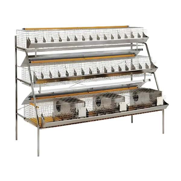 Gabbia a 3 piani per 3 conigli fattrici e 32 ingrasso da 200 cm – Completa di nidi, abbeveratoi e mangiatoie
