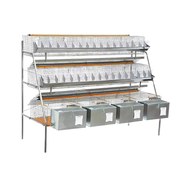 Gabbia a 3 piani per 4 conigli fattrici e 32 ingrasso da 200 cm – Completa di nidi, abbeveratoi e mangiatoie