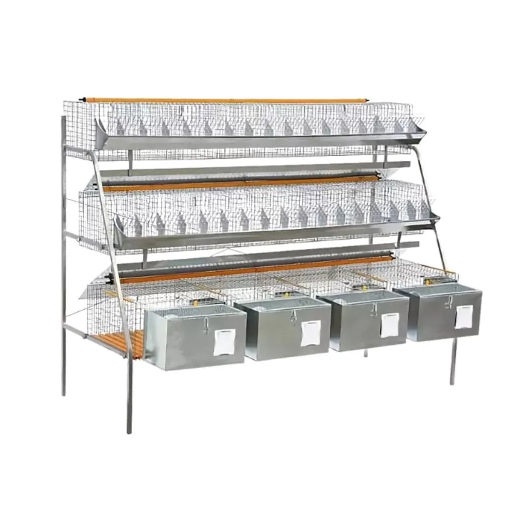 Gabbia a 3 piani per 4 conigli fattrici e 32 ingrasso da 200 cm – Completa di nidi, abbeveratoi e mangiatoie